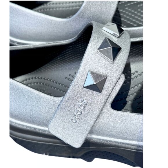NEW Crocs Stomp Metallic Silver Studded Mary Jane Platform Clogs Size W11/M9 - Picture 3 of 8